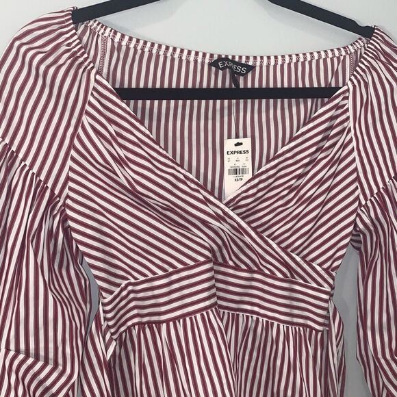 NWT Express Women's Preppy Striped Wrap Blouse Puffed Sleeves Top Red White XS - Picture 4 of 8